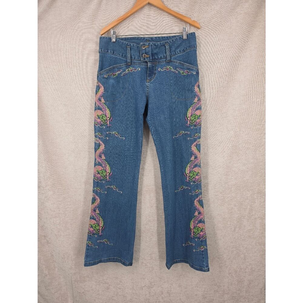 Y2K Embroidered Dragon Denim Blue Jeans Bootcut Boot Cut Or Flare